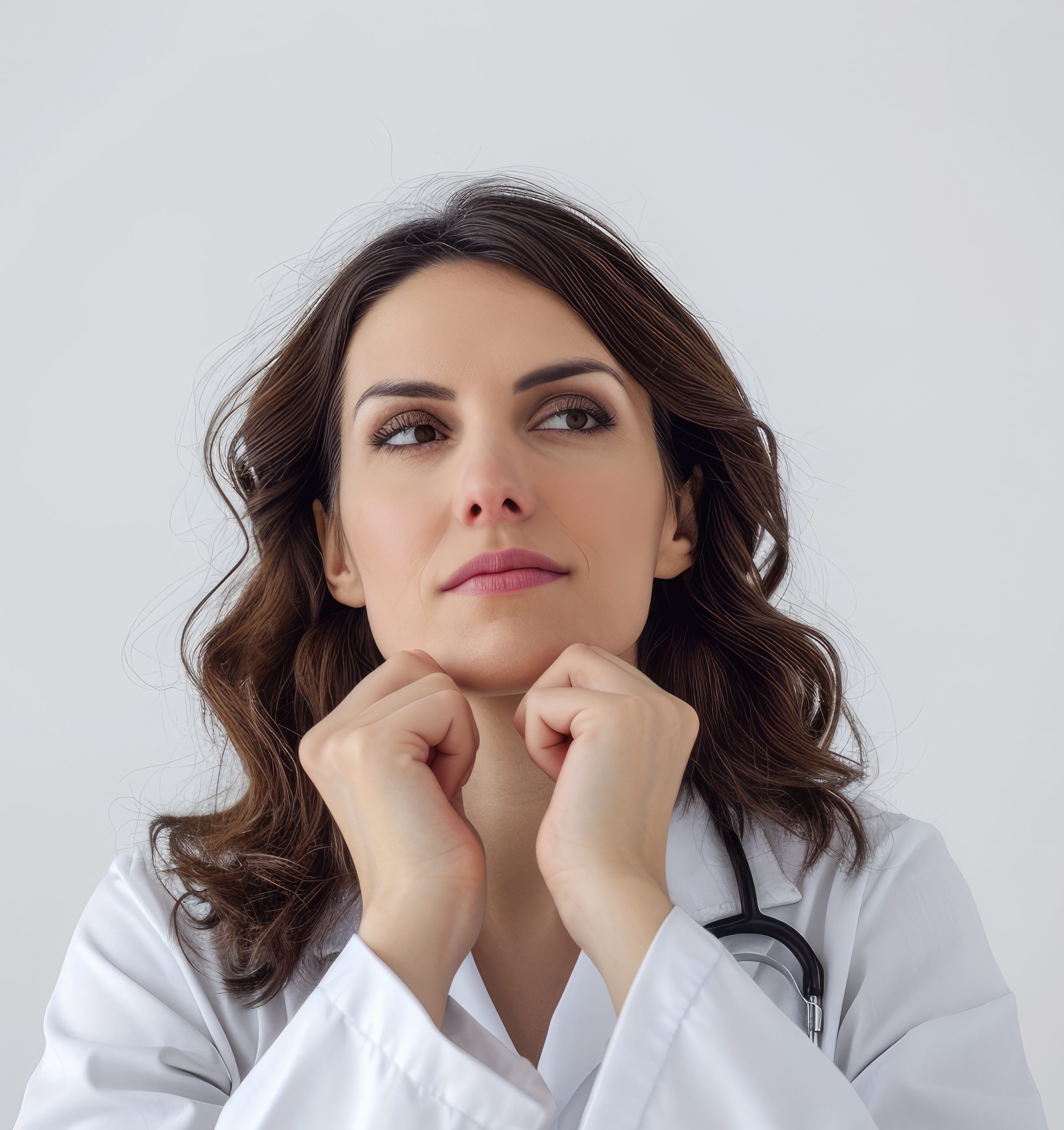 Intellectual portrait of a female doctor, cerebral and wise, white background